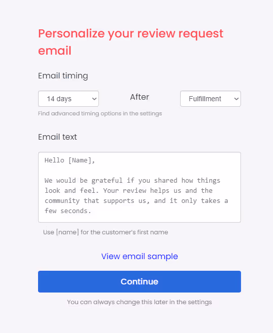 Personalize your review request email - picture of the user interface