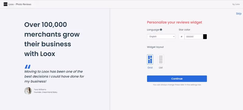 Loox Shopify Reviews App - onboarding process