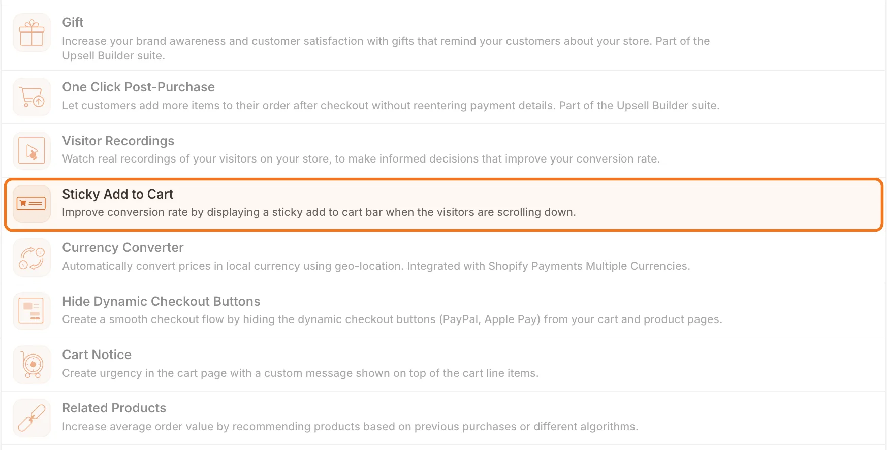 Vitals apps list with Sticky Add to Cart among the apps