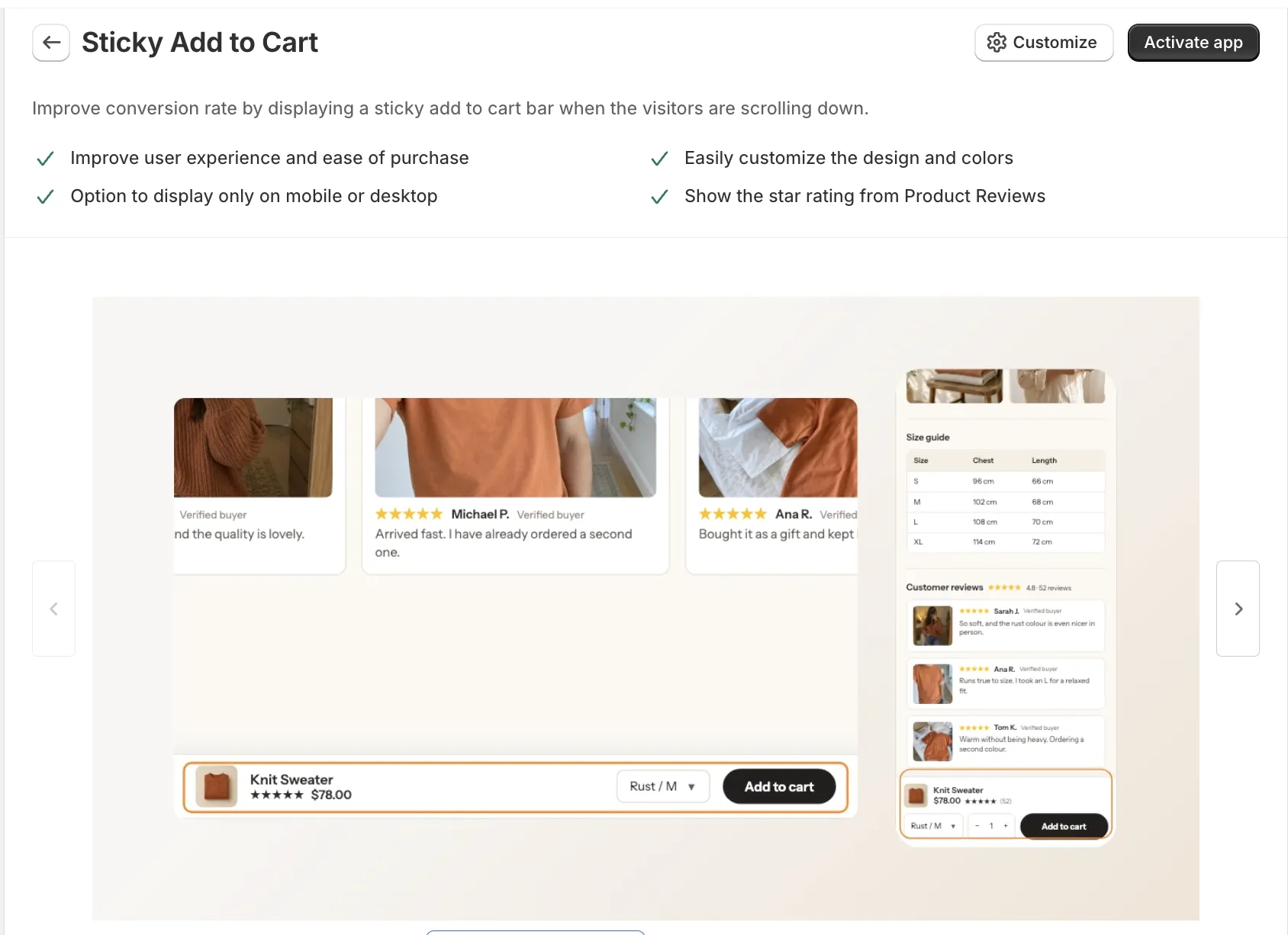 Vitals Sticky Add to Cart app page with the Activate app button and a preview of the bar on desktop and mobile