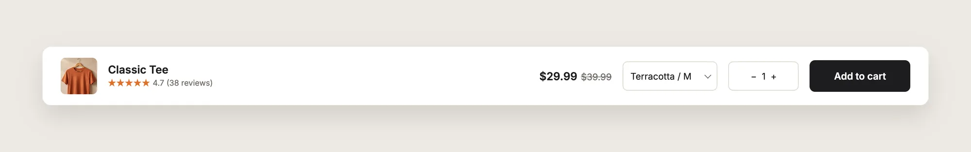 Close-up of a sticky add to cart bar with product image, title, variant dropdown, price and Add to Cart button