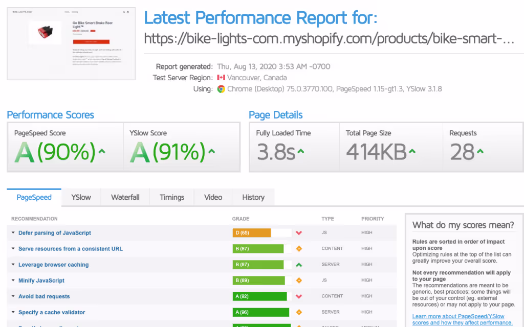 page speed test results