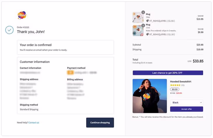 Vitals Shopify Upsell - Post Purchase upsell widget