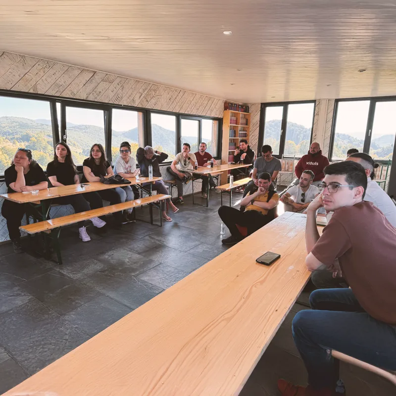 The team working together in a mountain cabin