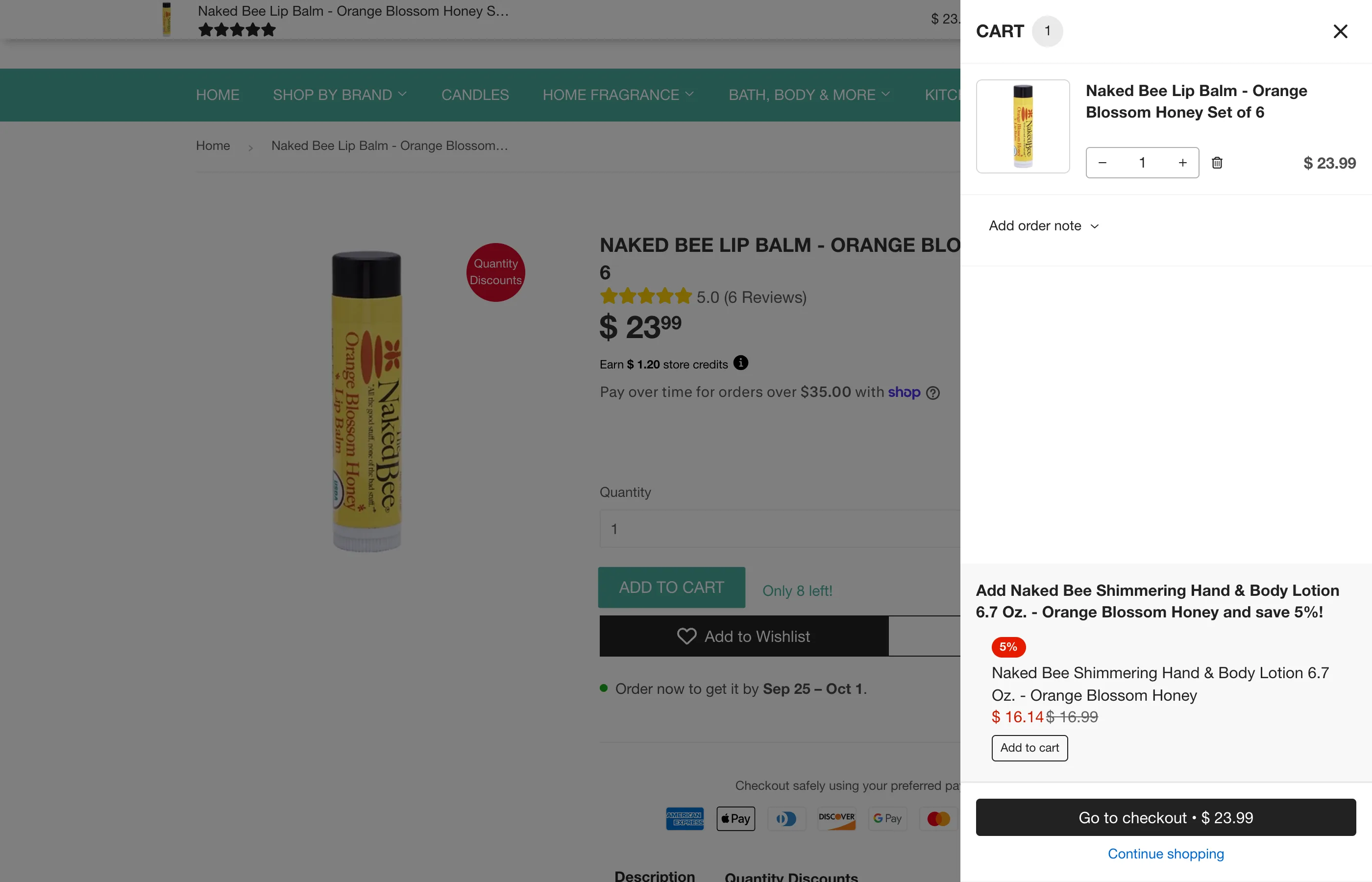 The cart drawer open on freeshippingallorders.com, offering a matching hand lotion at 5% off