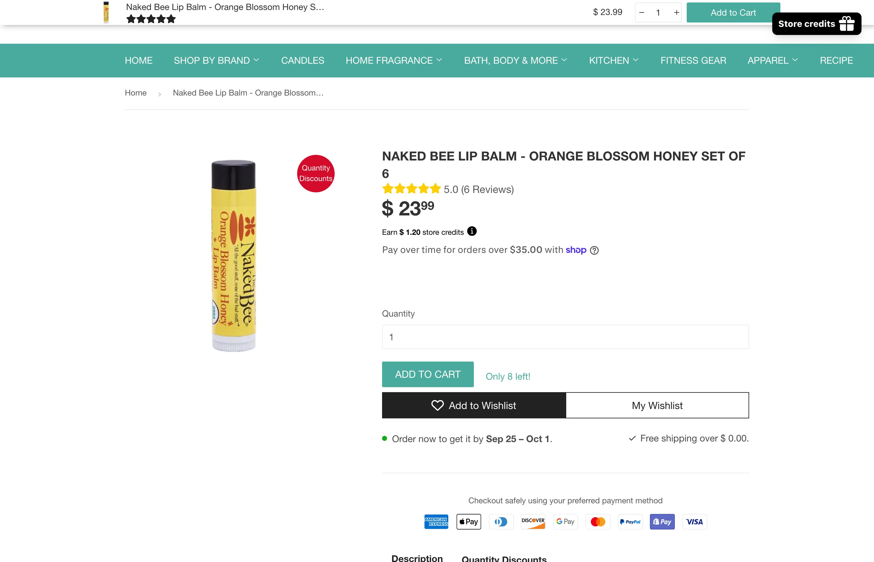 The Naked Bee lip balm product page on freeshippingallorders.com, with a product label, review stars, wishlist, delivery estimate and payment logos