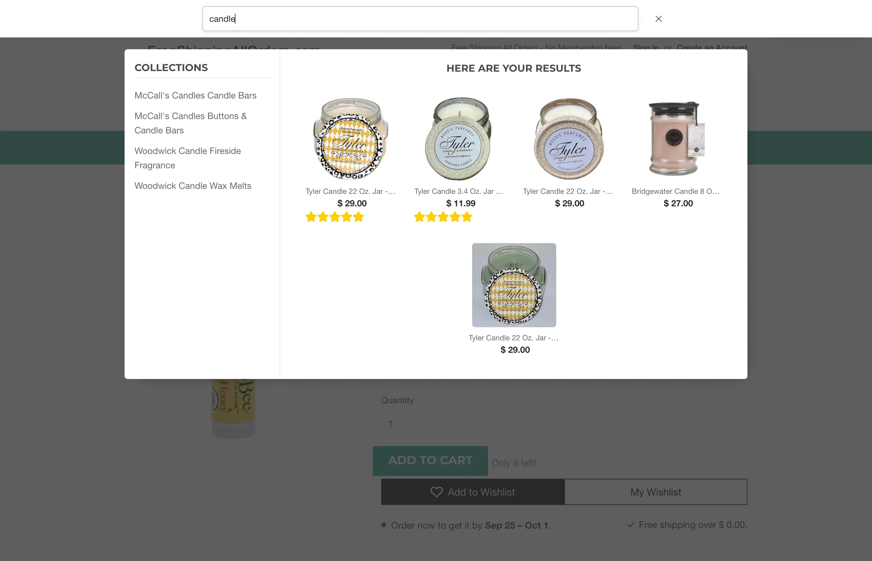 Instant Search open on freeshippingallorders.com, showing collections and candle results for the word candle