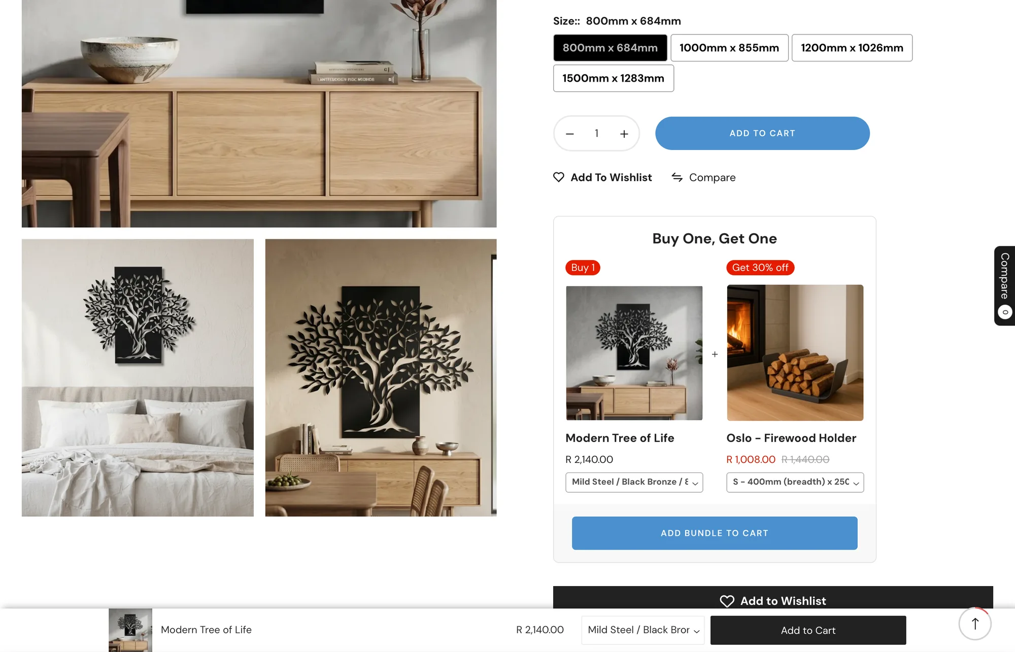 The Modern Tree of Life product page on metalartcafe.co.za, with the wishlist button, a buy one get one offer and the sticky add to cart bar