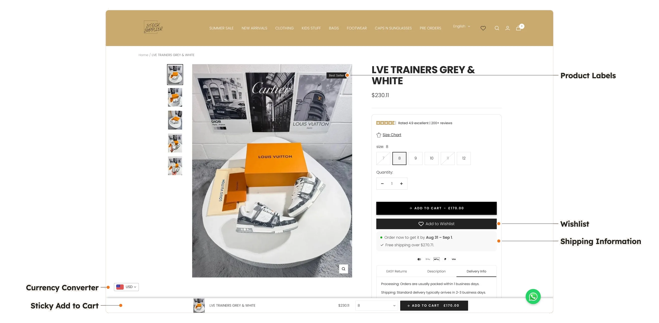 Stock Supplier product page with five Vitals apps tagged: Product Labels, Wishlist, Shipping Information, Currency Converter and Sticky Add to Cart