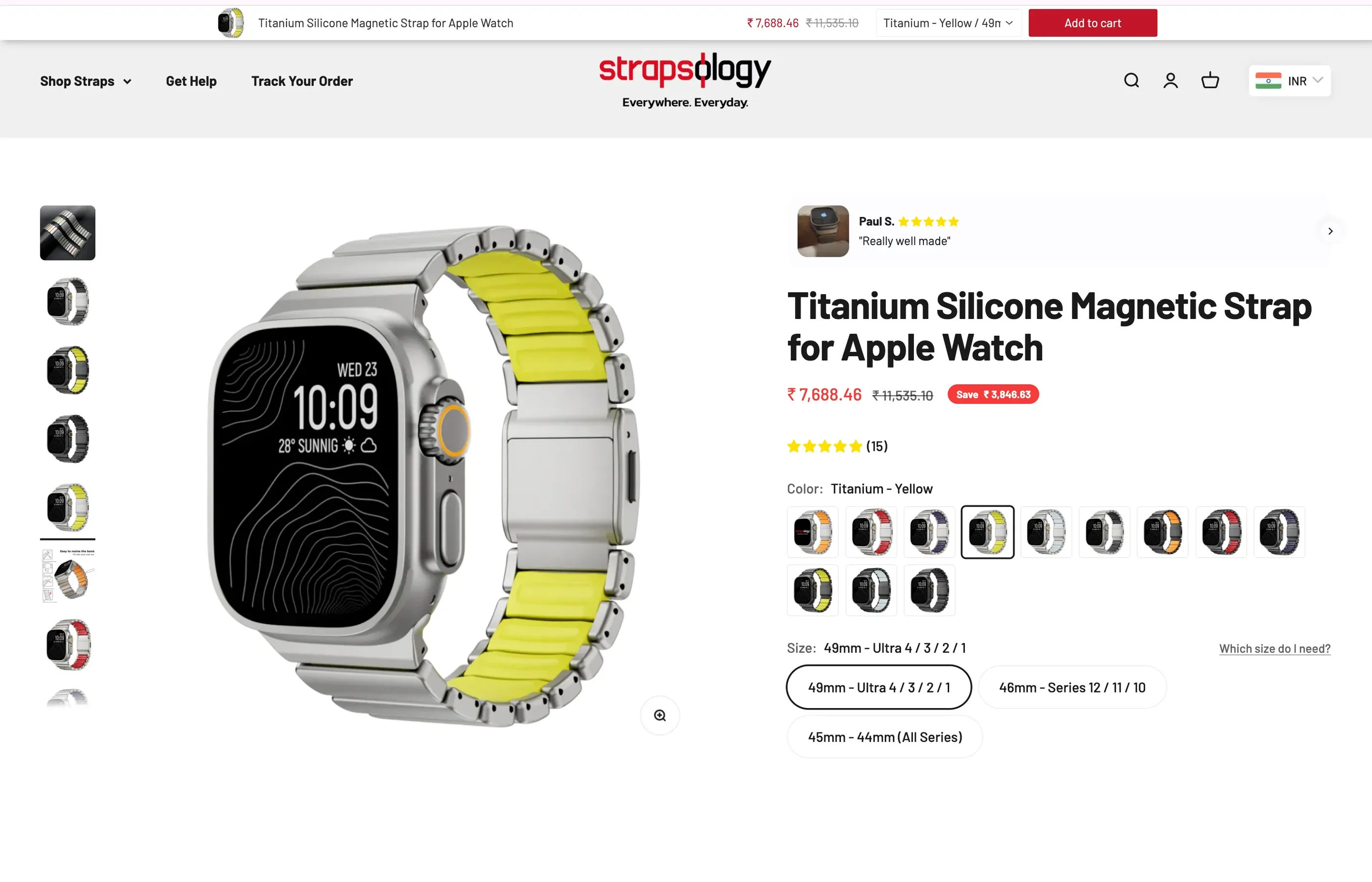 The top of a strap product page on strapsology.com with the Vitals sticky add to cart bar pinned above the header