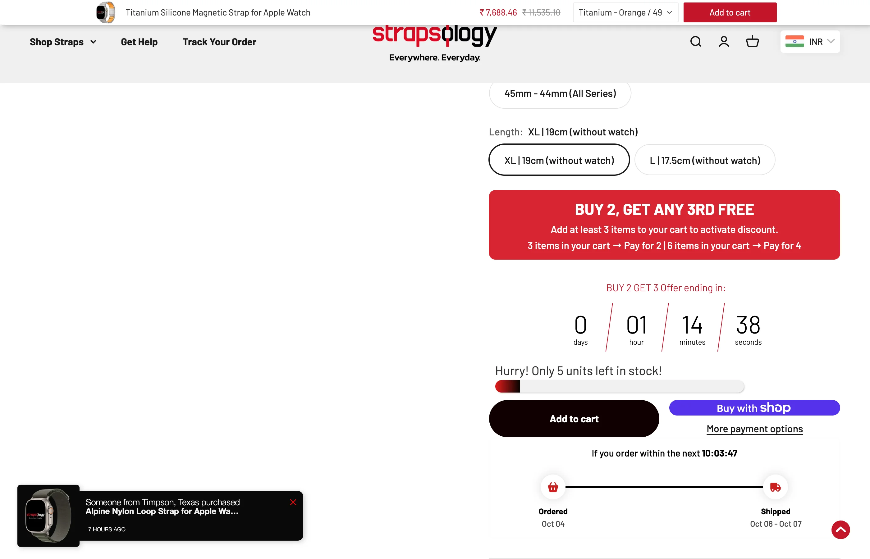 A strap product page on strapsology.com with the sticky add to cart bar, offer countdown, low stock message and a recent sales pop-up