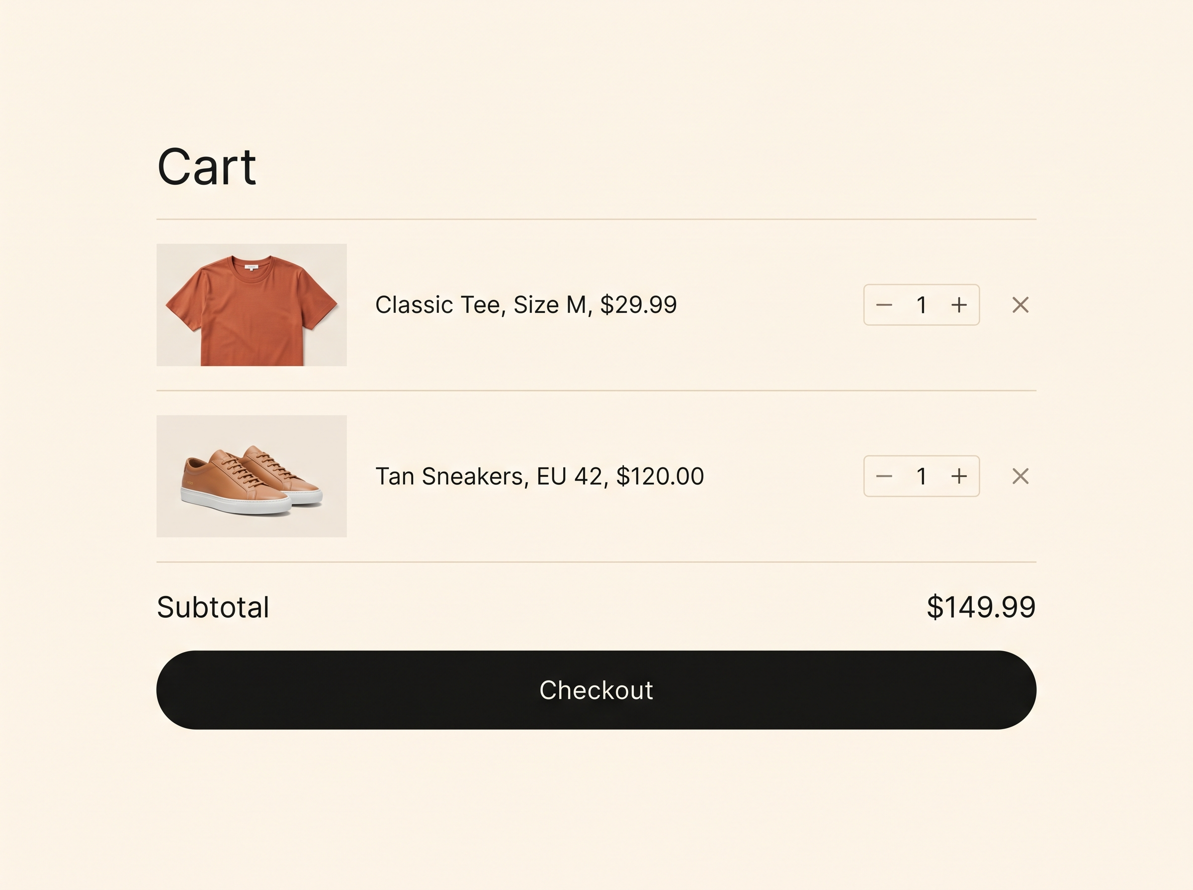 A store cart page with two items and a checkout button, with a Vitals reservation notice above the items