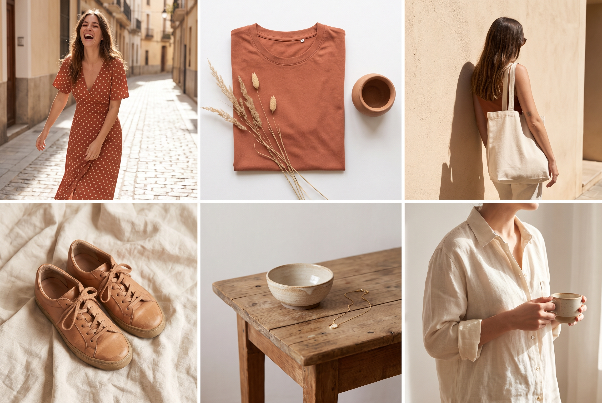 A six-photo Instagram feed of a warm fashion brand
